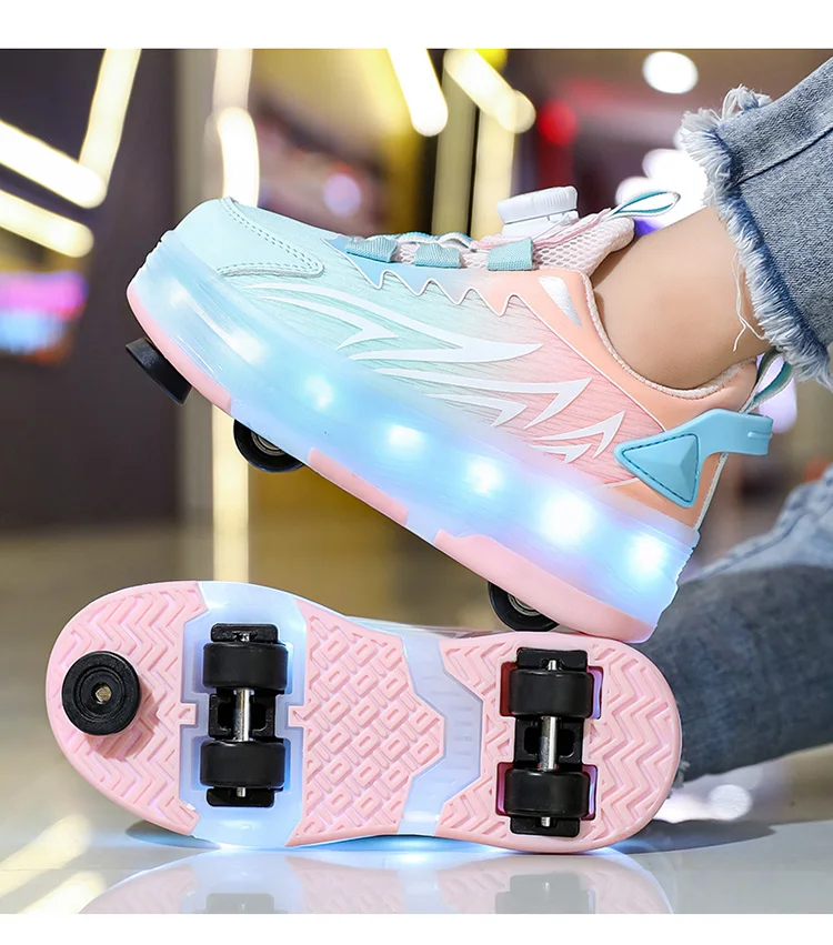 USB Rechargeable LED Light Up Roller Skates for Kids Teens Adjustable Children Boys Girls Sport Skating Shoes with Four Wheels
