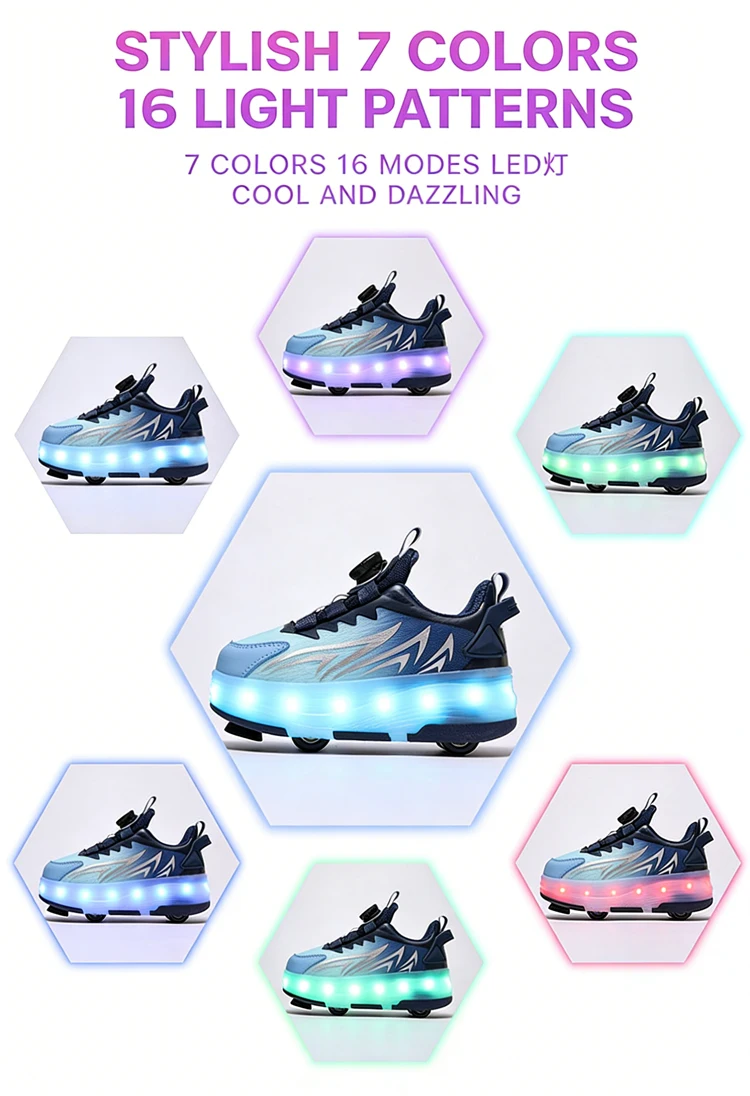 USB Rechargeable LED Light Up Roller Skates for Kids Teens Adjustable Children Boys Girls Sport Skating Shoes with Four Wheels