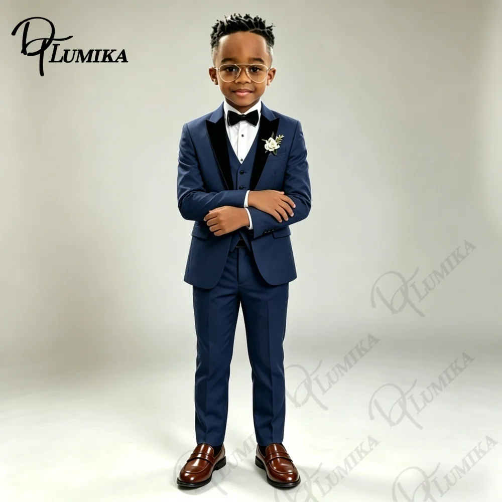 Kids Boys Navy Formal Suit Set Floral Tie Peak Lapel Blazer Vest Pants for Wedding Ring Bearer Party Stage Performance Outfit
