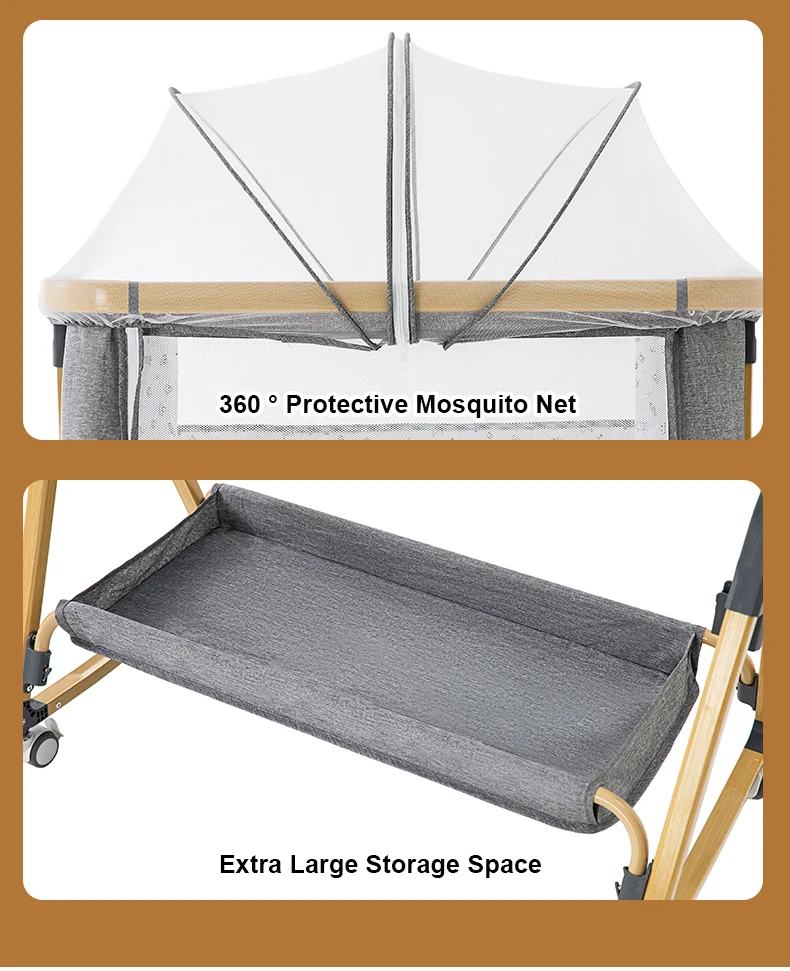 Foldable Height Adjustable Baby Crib Multi Purpose Bedside Swing Cradle Portable Movable Splicing Sleeping Bed Suitable for Baby Daily Rest and Nap