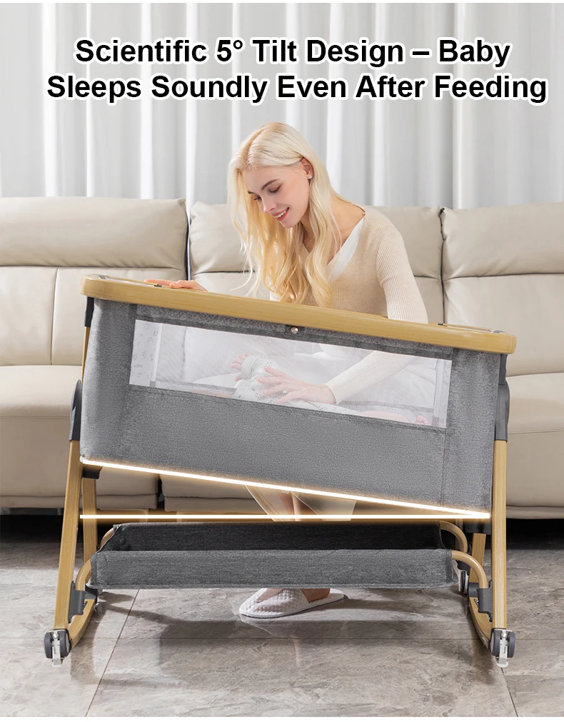 Foldable Height Adjustable Baby Crib Multi Purpose Bedside Swing Cradle Portable Movable Splicing Sleeping Bed Suitable for Baby Daily Rest and Nap