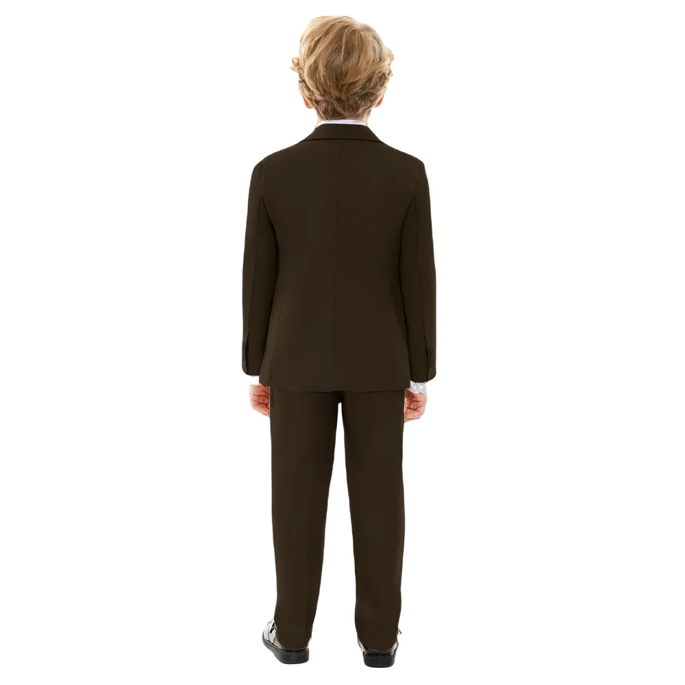Kids Brown 4 Pieces Formal Suit Set Boys Wedding Birthday Party Performance Costume Double Breasted Blazer Pants Vest Tie