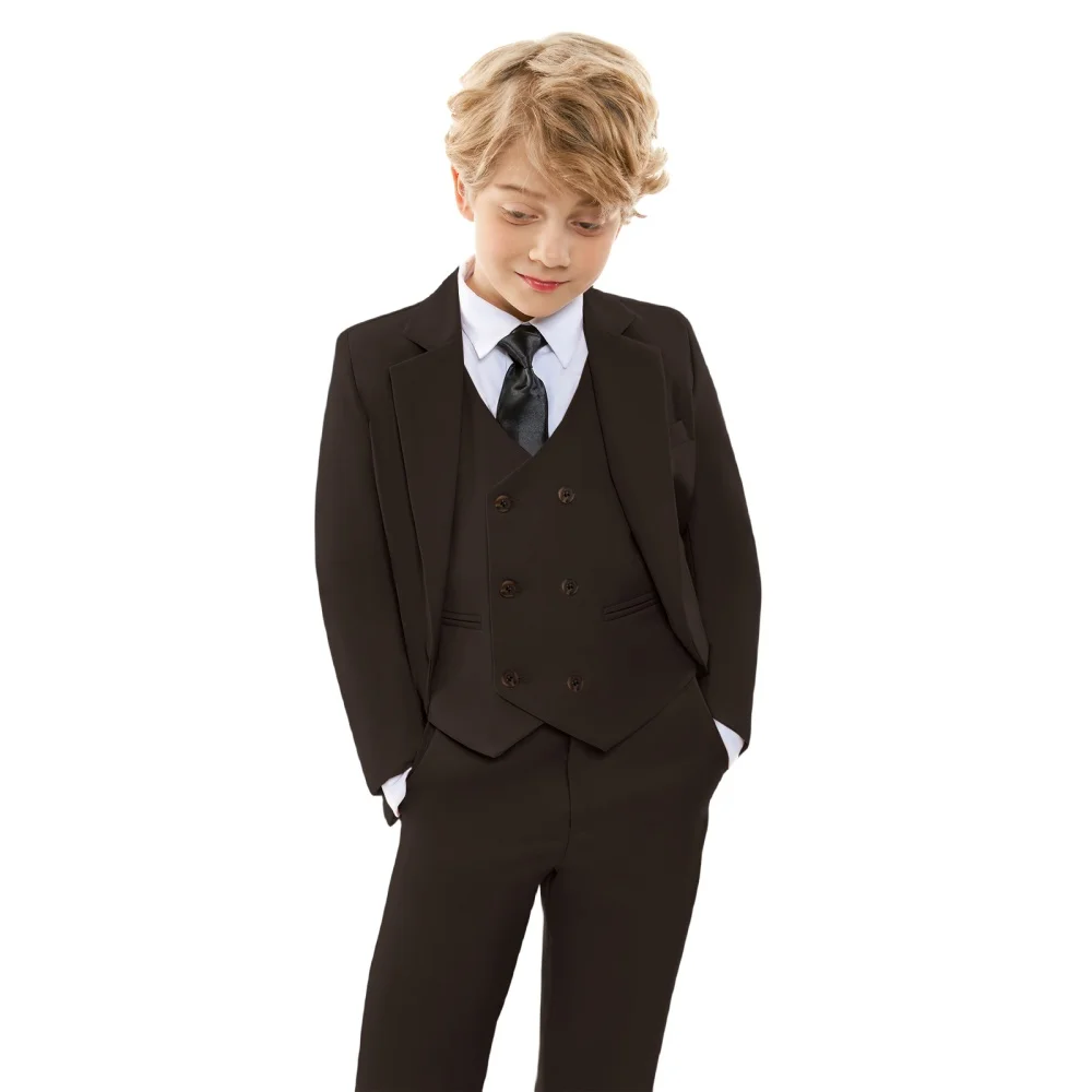 Kids Brown 4 Pieces Formal Suit Set Boys Wedding Birthday Party Performance Costume Double Breasted Blazer Pants Vest Tie