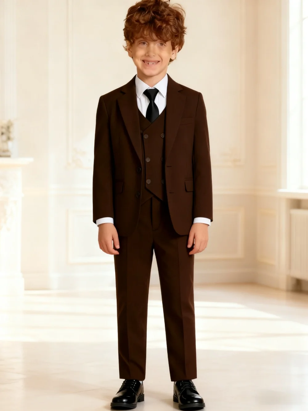 Kids Brown 4 Pieces Formal Suit Set Boys Wedding Birthday Party Performance Costume Double Breasted Blazer Pants Vest Tie