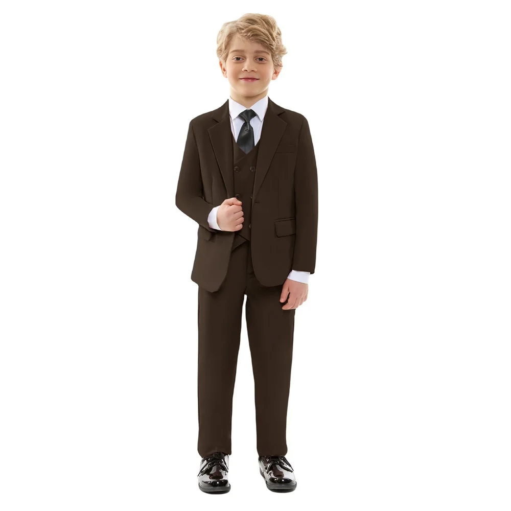 Kids Brown 4 Pieces Formal Suit Set Boys Wedding Birthday Party Performance Costume Double Breasted Blazer Pants Vest Tie