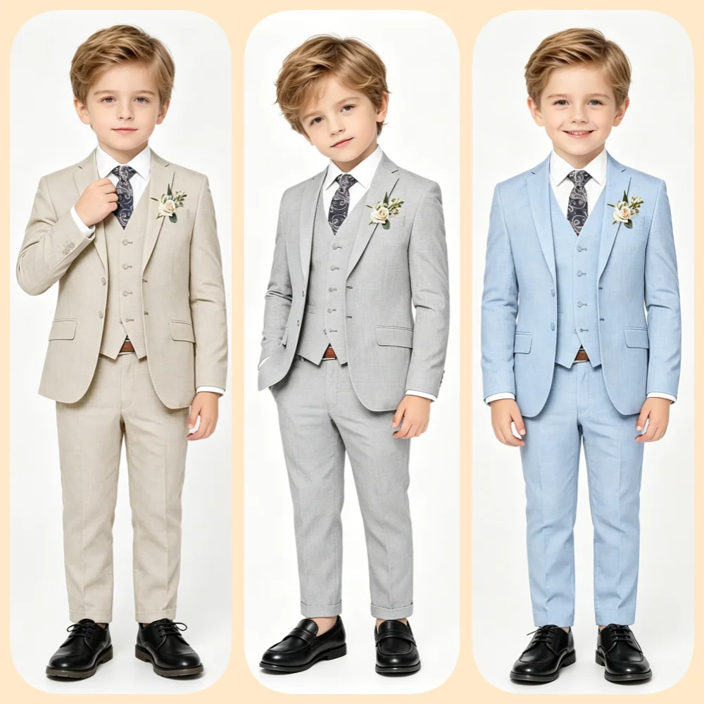 Elegant Boys Beige Linen Suit Set 4 Piece with Floral Tie Kids Formal Outfit for Wedding Birthday Graduation Party 3-13 Years