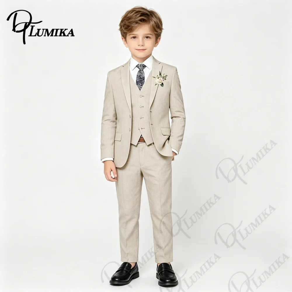 Elegant Boys Beige Linen Suit Set 4 Piece with Floral Tie Kids Formal Outfit for Wedding Birthday Graduation Party 3-13 Years