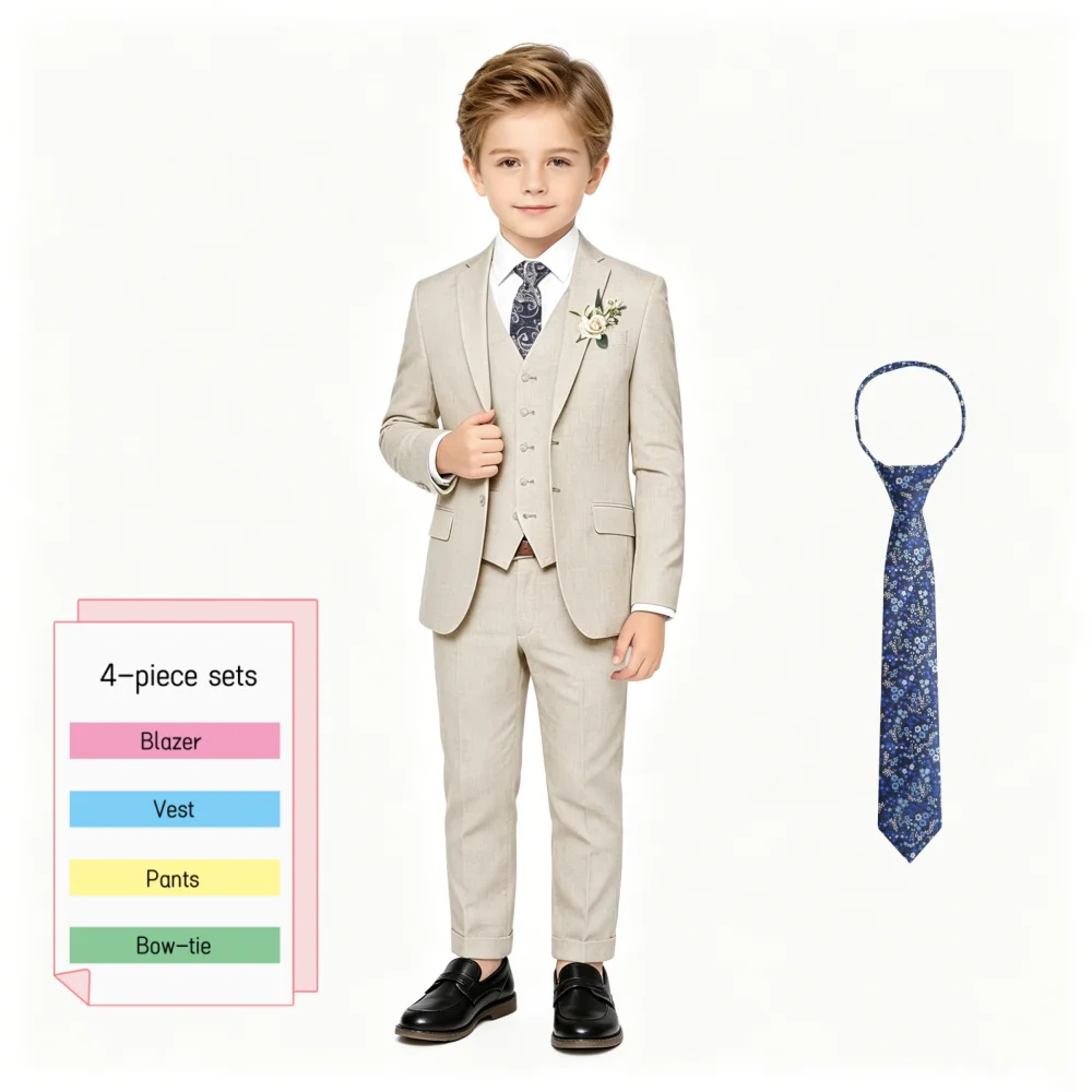 Elegant Boys Beige Linen Suit Set 4 Piece with Floral Tie Kids Formal Outfit for Wedding Birthday Graduation Party 3-13 Years