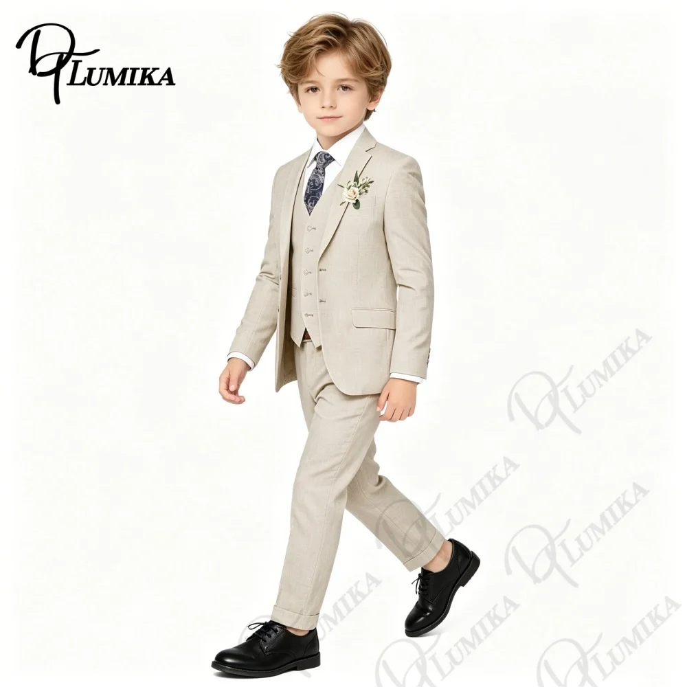 Elegant Boys Beige Linen Suit Set 4 Piece with Floral Tie Kids Formal Outfit for Wedding Birthday Graduation Party 3-13 Years