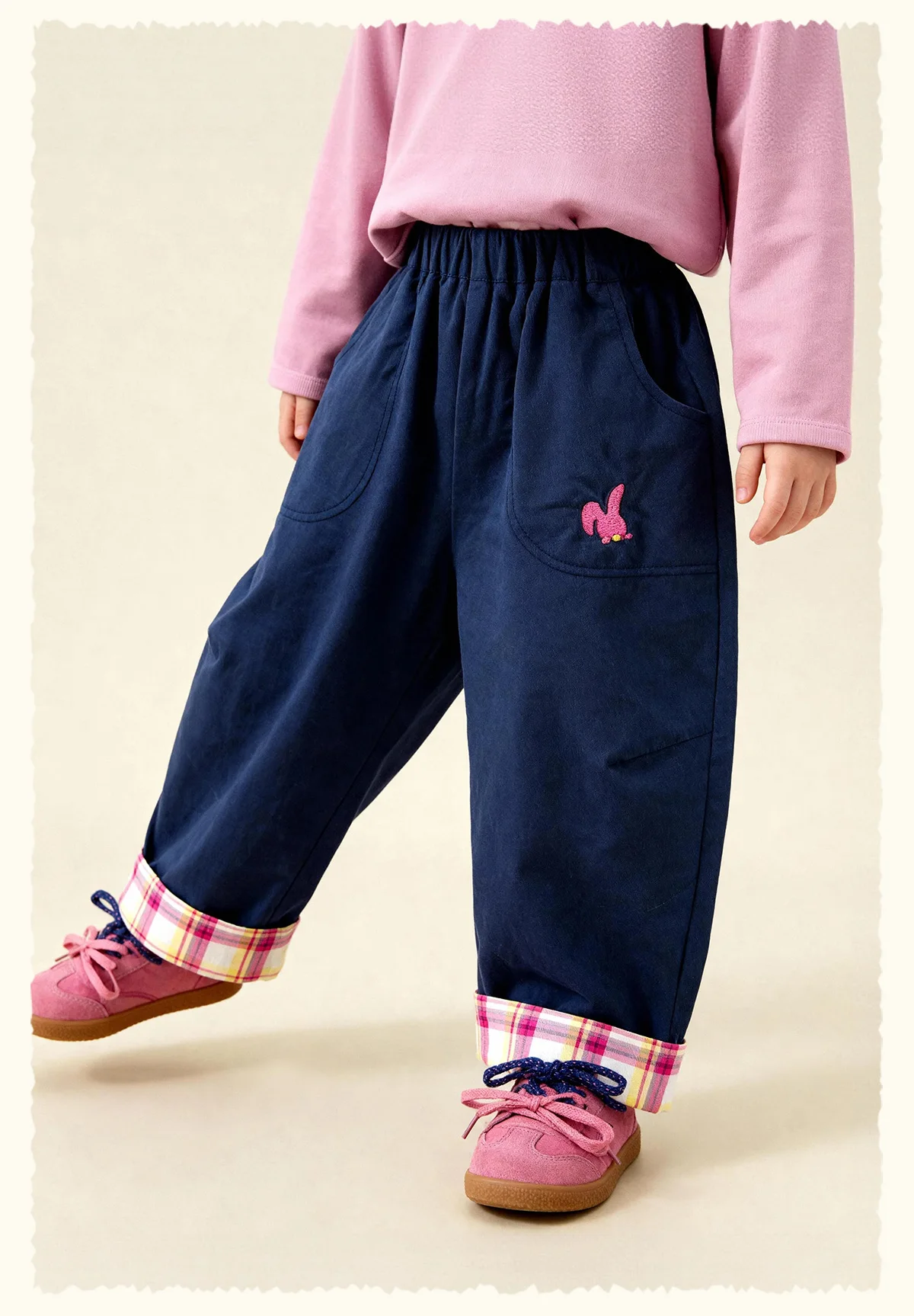 Amila Spring Children's Versatile Casual Pants With Elastic Waist, Grid Pattern And Flanging Design For Daily Comfort Wearing