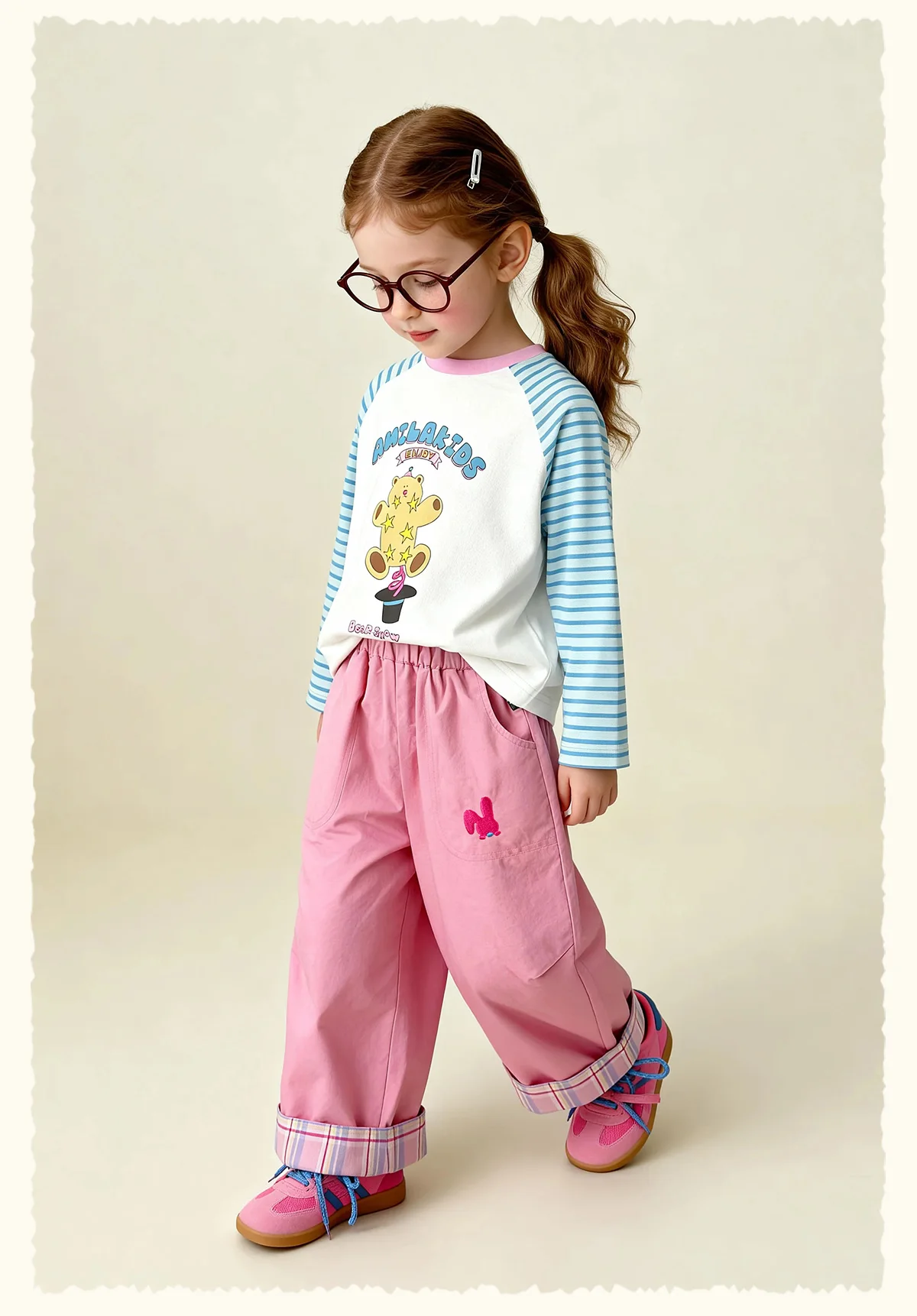 Amila Spring Children's Versatile Casual Pants With Elastic Waist, Grid Pattern And Flanging Design For Daily Comfort Wearing