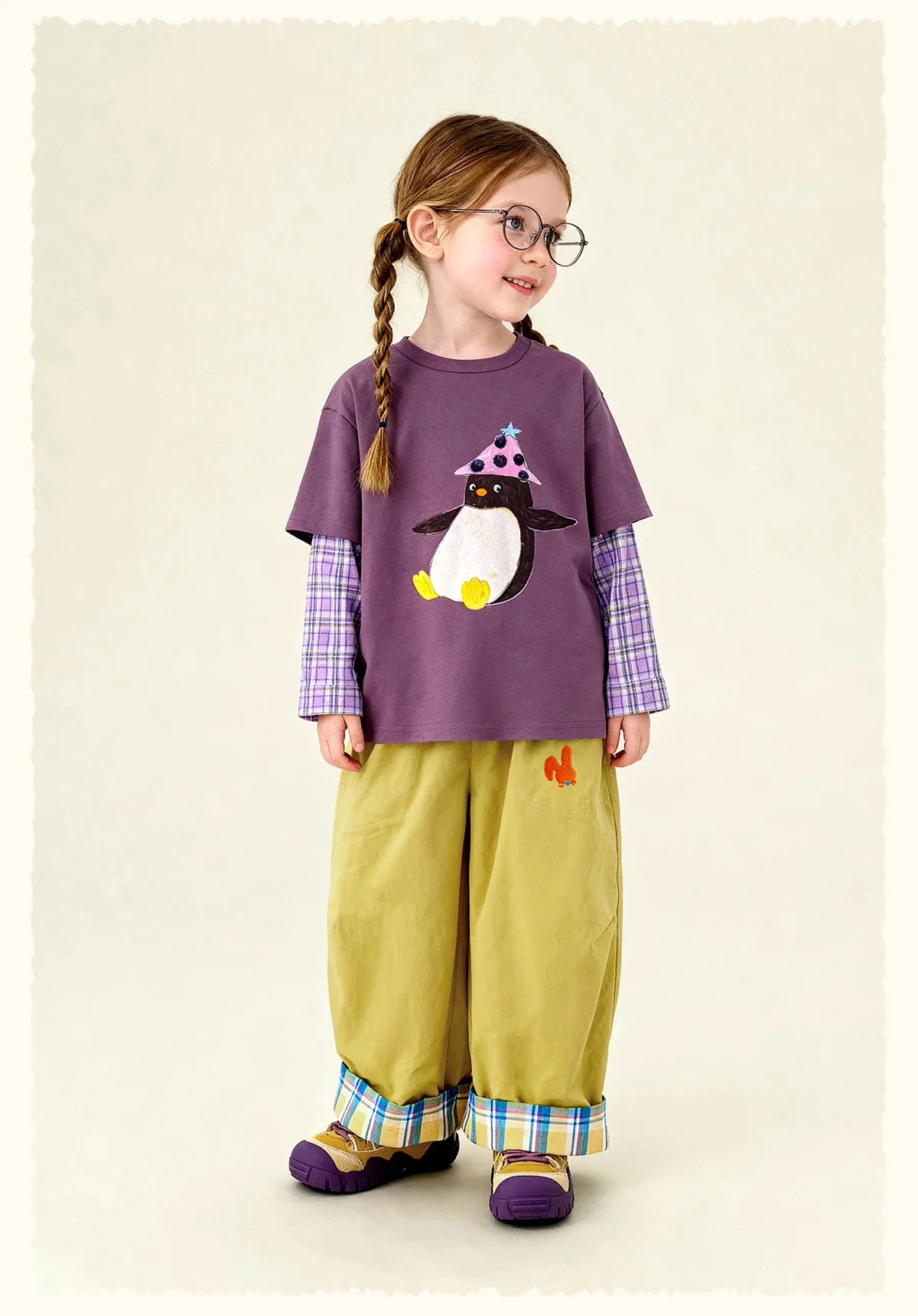 Amila Spring Children's Versatile Casual Pants With Elastic Waist, Grid Pattern And Flanging Design For Daily Comfort Wearing