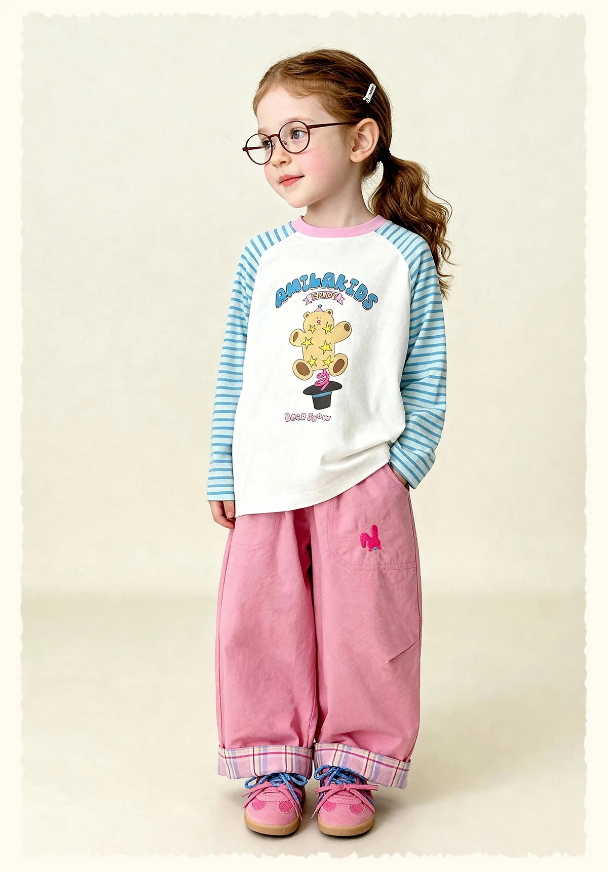 Amila Spring Children's Versatile Casual Pants With Elastic Waist, Grid Pattern And Flanging Design For Daily Comfort Wearing