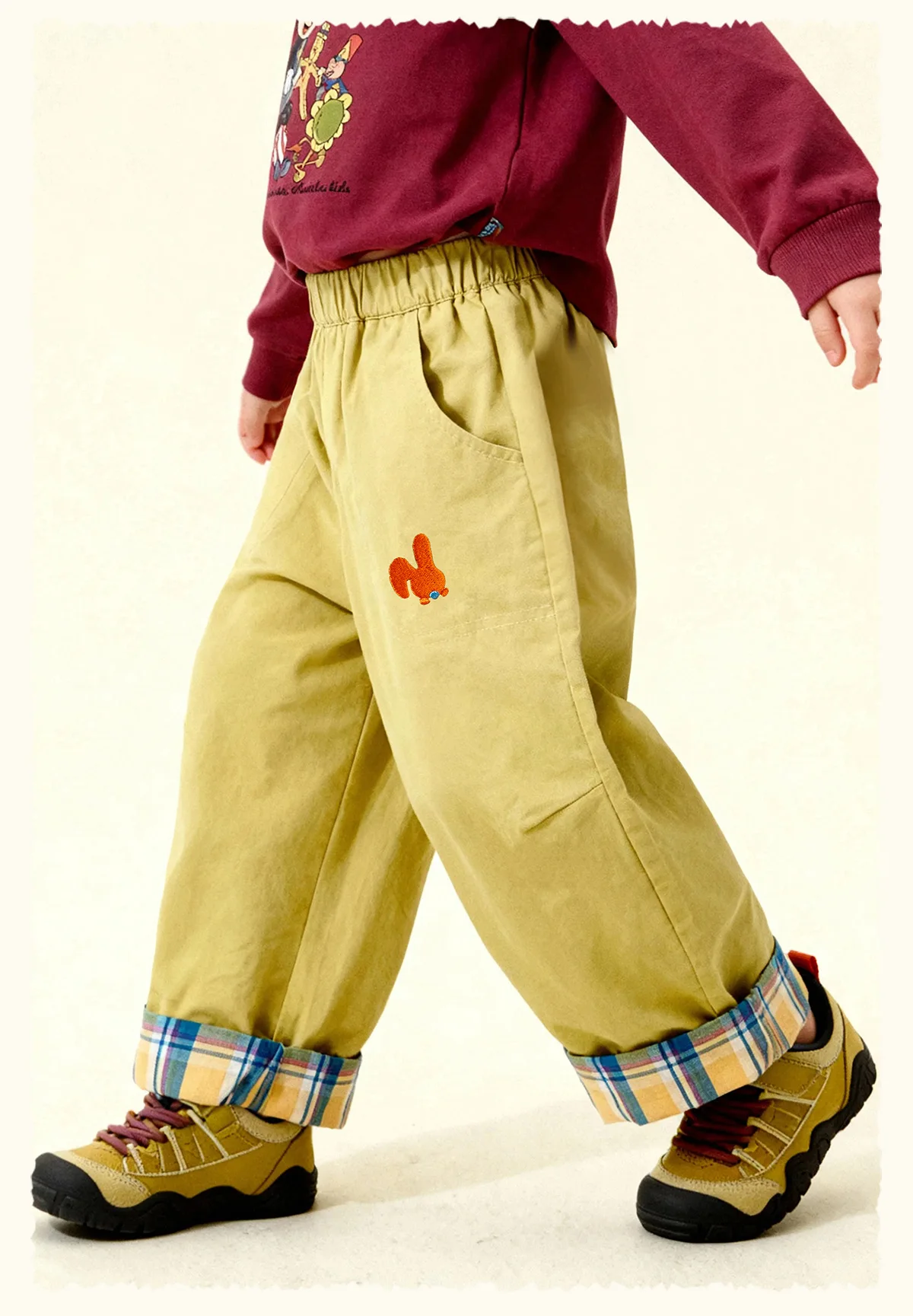 Amila Spring Children's Versatile Casual Pants With Elastic Waist, Grid Pattern And Flanging Design For Daily Comfort Wearing