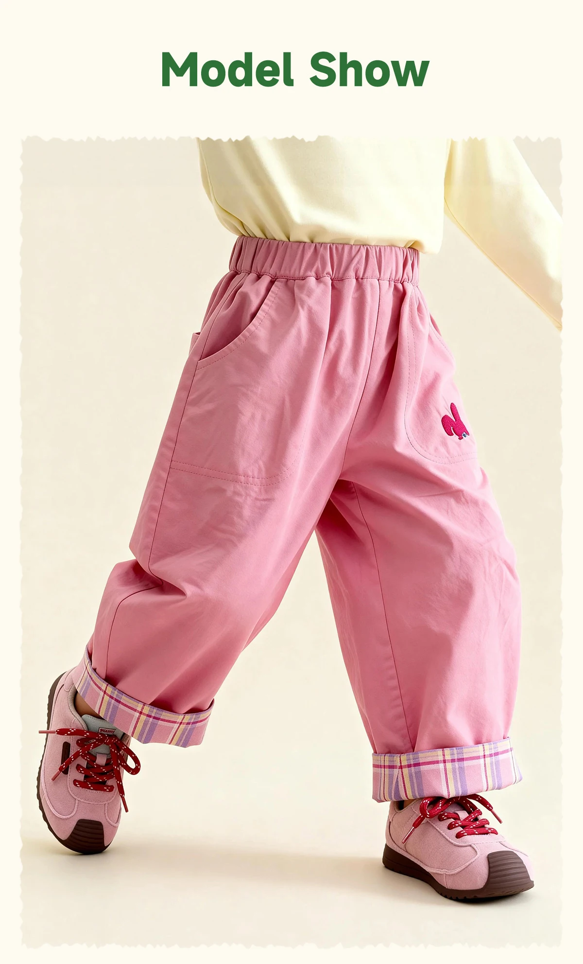 Amila Spring Children's Versatile Casual Pants With Elastic Waist, Grid Pattern And Flanging Design For Daily Comfort Wearing