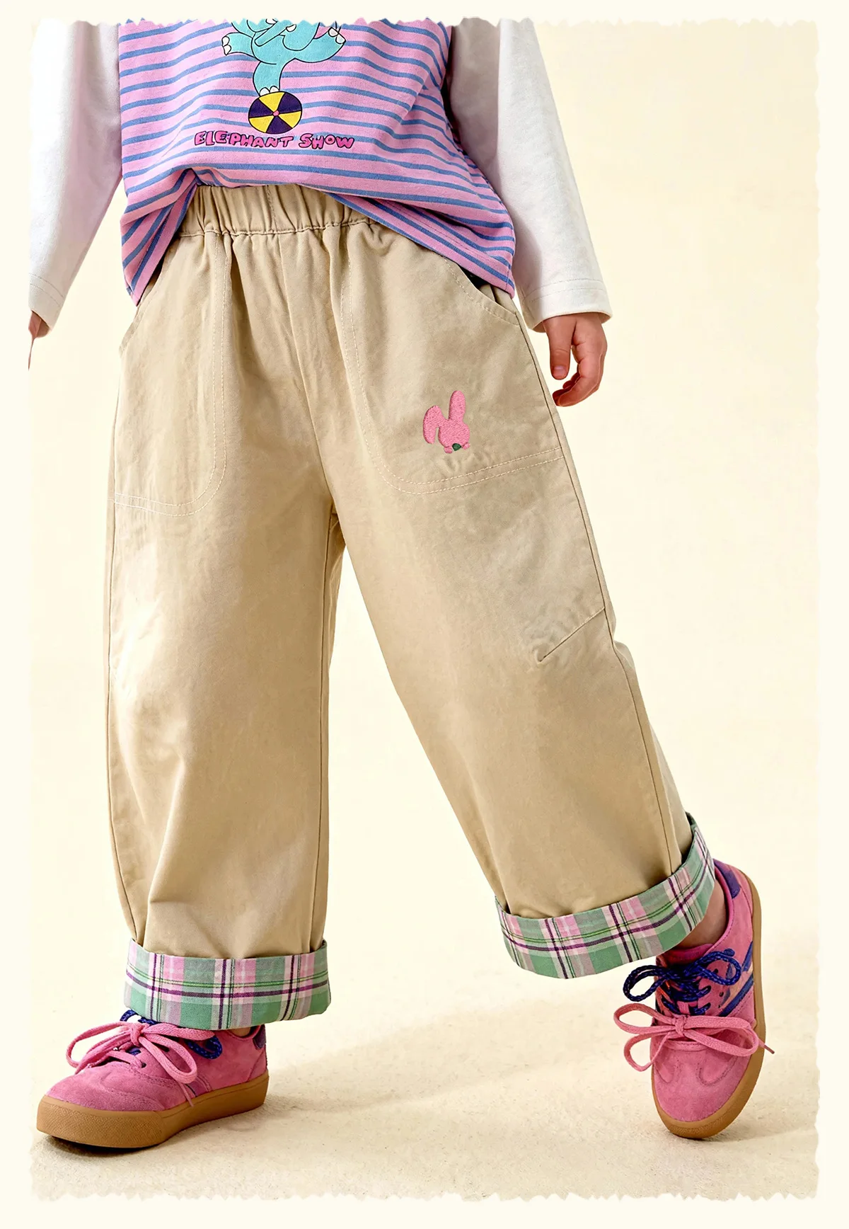 Amila Spring Children's Versatile Casual Pants With Elastic Waist, Grid Pattern And Flanging Design For Daily Comfort Wearing