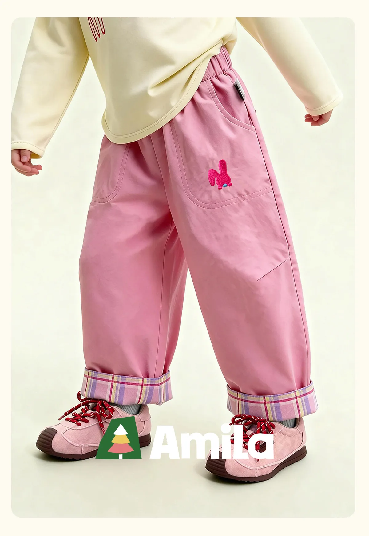 Amila Spring Children's Versatile Casual Pants With Elastic Waist, Grid Pattern And Flanging Design For Daily Comfort Wearing