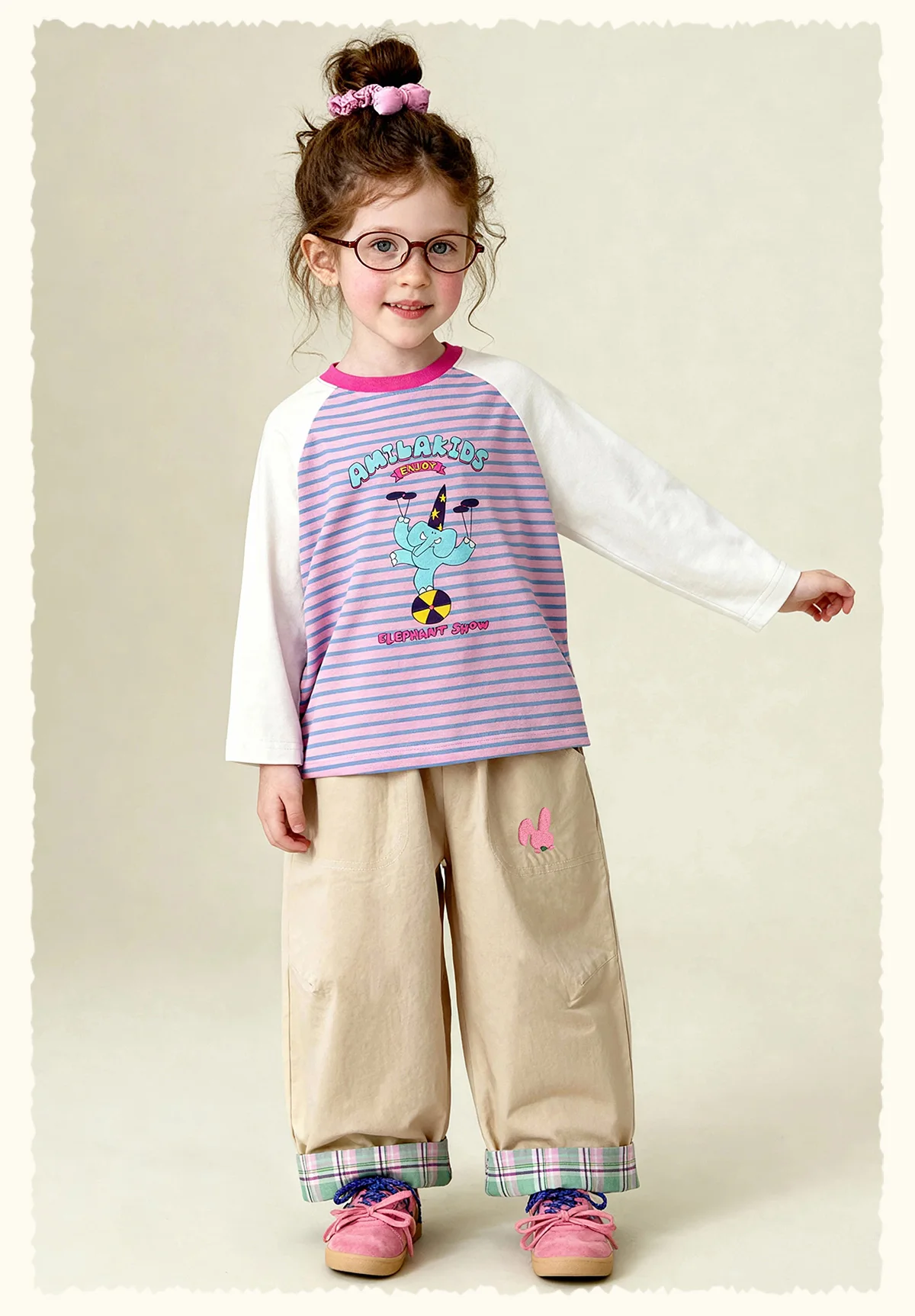 Amila Spring Children's Versatile Casual Pants With Elastic Waist, Grid Pattern And Flanging Design For Daily Comfort Wearing