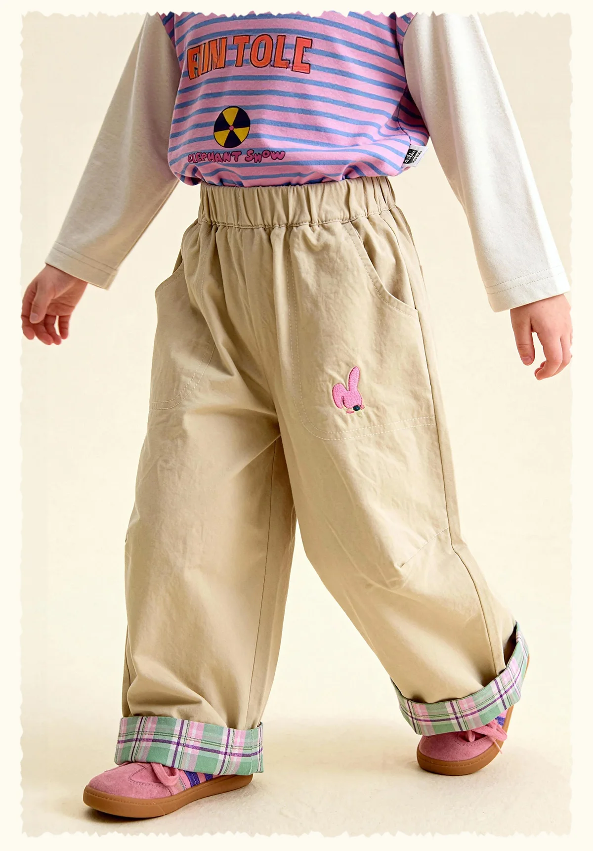 Amila Spring Children's Versatile Casual Pants With Elastic Waist, Grid Pattern And Flanging Design For Daily Comfort Wearing