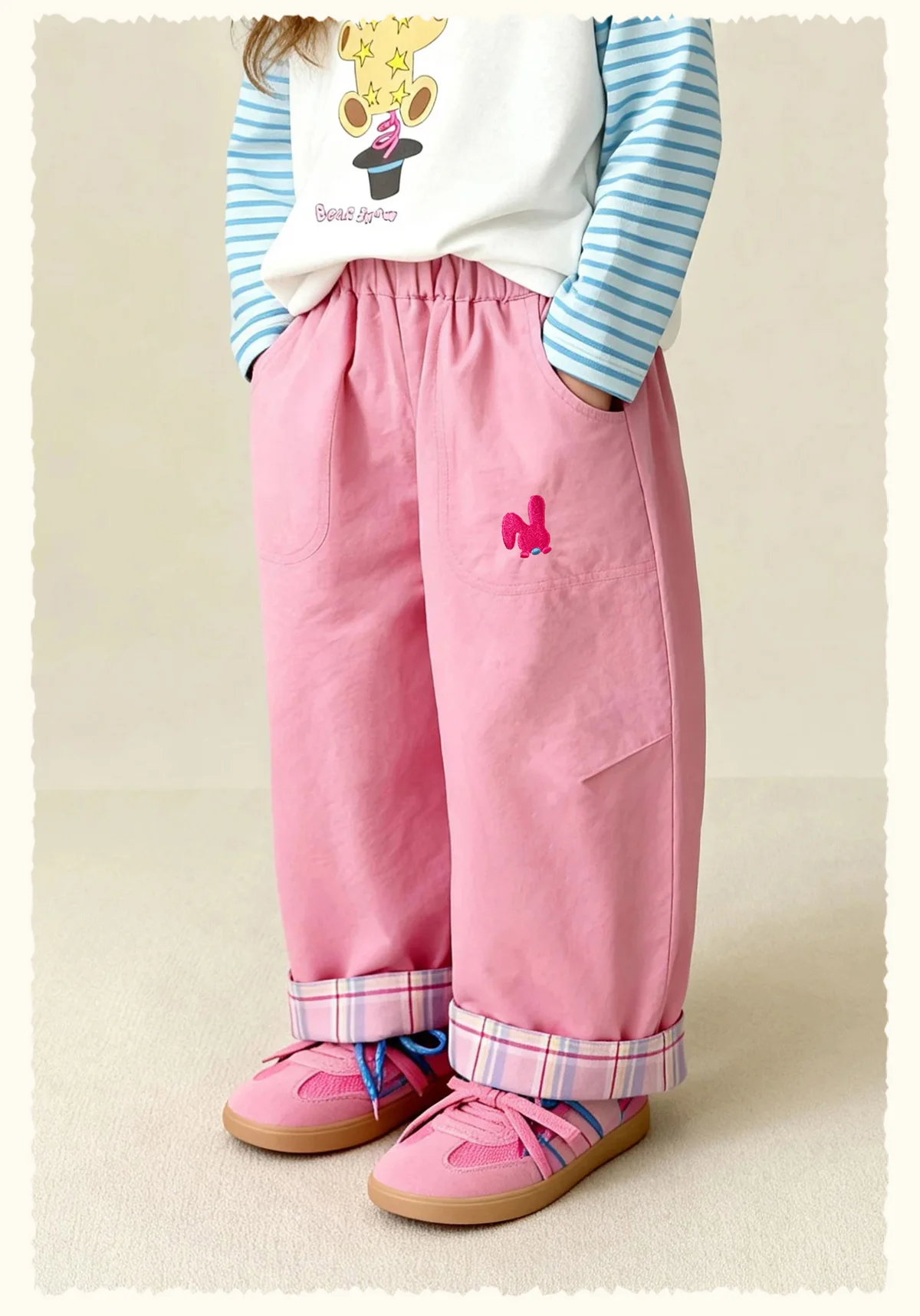 Amila Spring Children's Versatile Casual Pants With Elastic Waist, Grid Pattern And Flanging Design For Daily Comfort Wearing