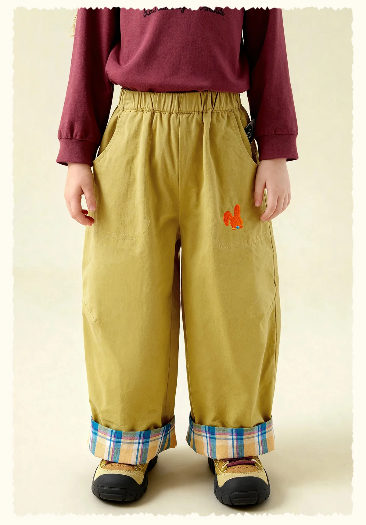 Amila Spring Children's Versatile Casual Pants With Elastic Waist, Grid Pattern And Flanging Design For Daily Comfort Wearing