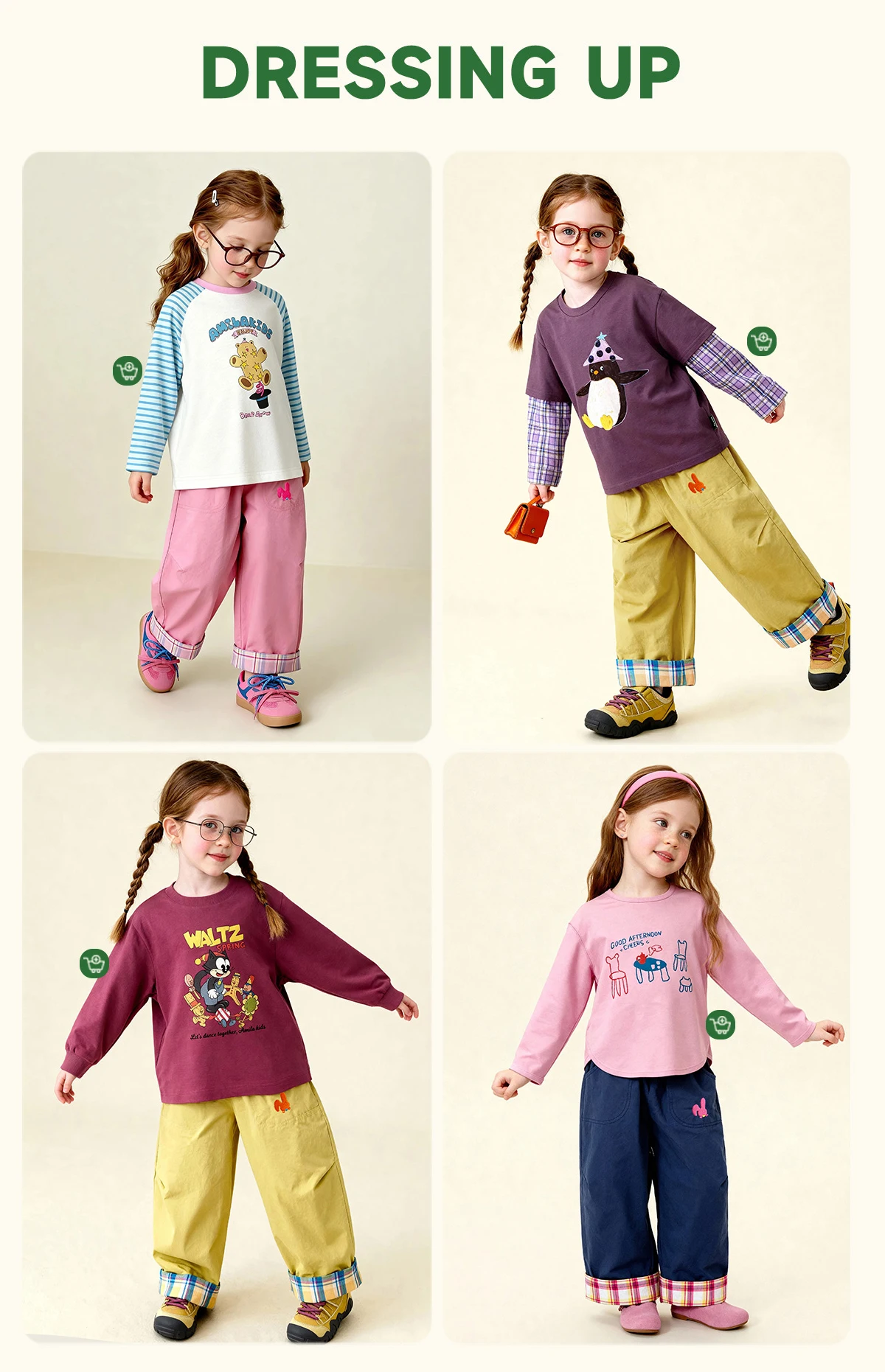 Amila Spring Children's Versatile Casual Pants With Elastic Waist, Grid Pattern And Flanging Design For Daily Comfort Wearing