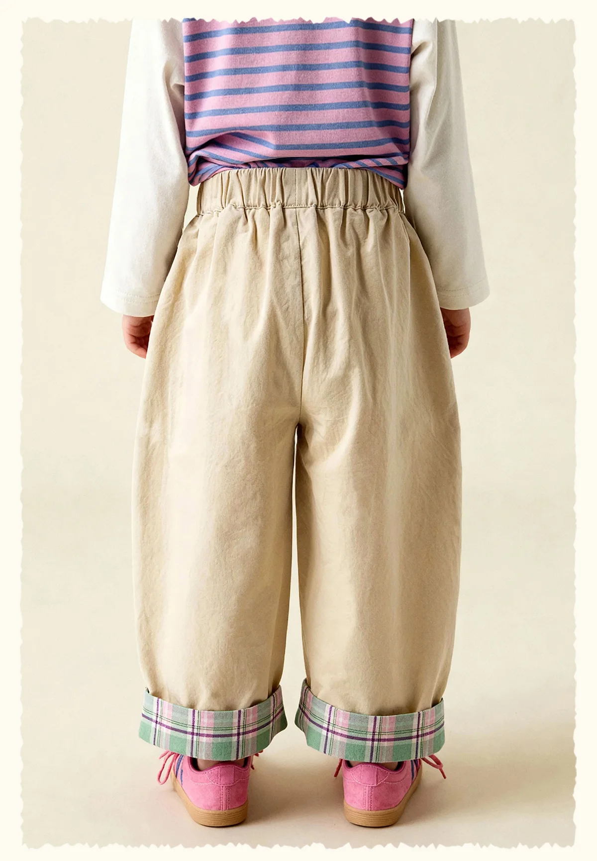 Amila Spring Children's Versatile Casual Pants With Elastic Waist, Grid Pattern And Flanging Design For Daily Comfort Wearing
