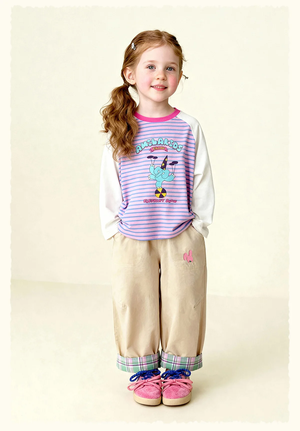 Amila Spring Children's Versatile Casual Pants With Elastic Waist, Grid Pattern And Flanging Design For Daily Comfort Wearing