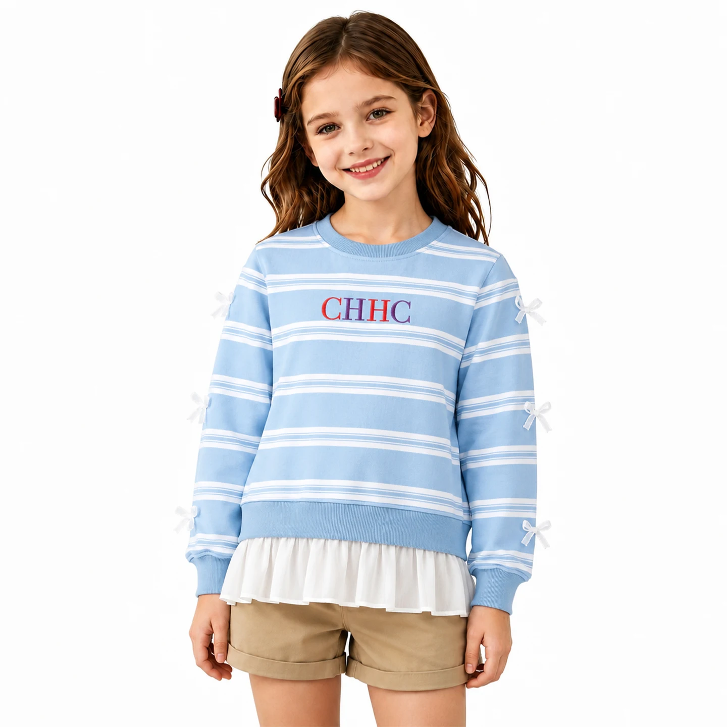 CH Girls Horizontal Stripe Colorful Letter Embroidery Long Sleeve Sweatshirt Sleeve Bow Decor Sheer Hem Layered Kids Top