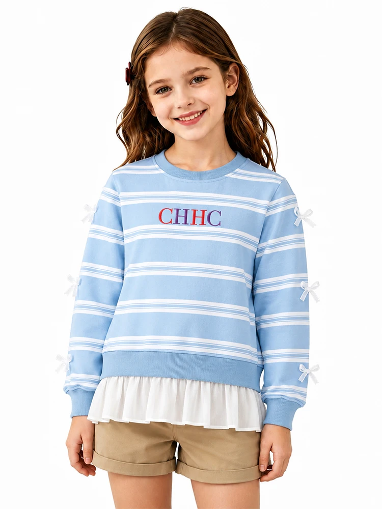 CH Girls Horizontal Stripe Colorful Letter Embroidery Long Sleeve Sweatshirt Sleeve Bow Decor Sheer Hem Layered Kids Top