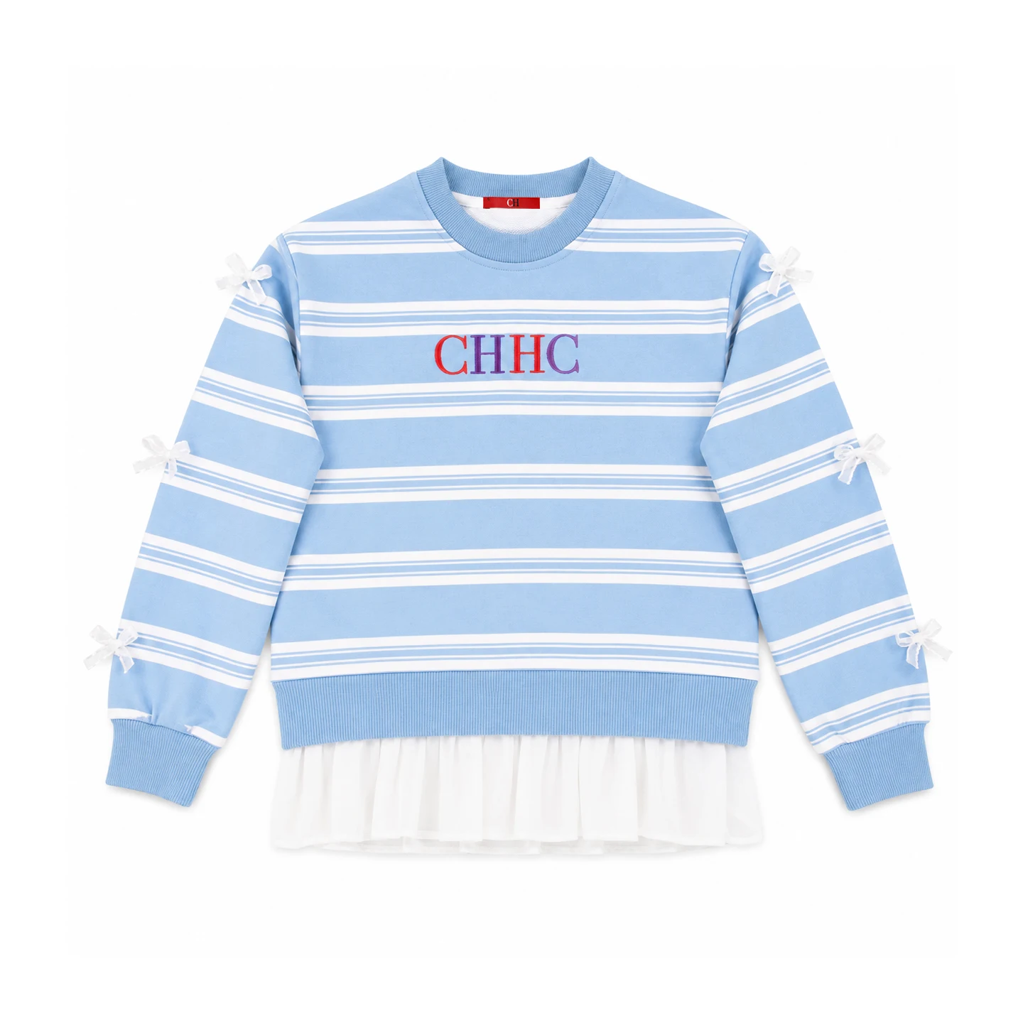 CH Girls Horizontal Stripe Colorful Letter Embroidery Long Sleeve Sweatshirt Sleeve Bow Decor Sheer Hem Layered Kids Top