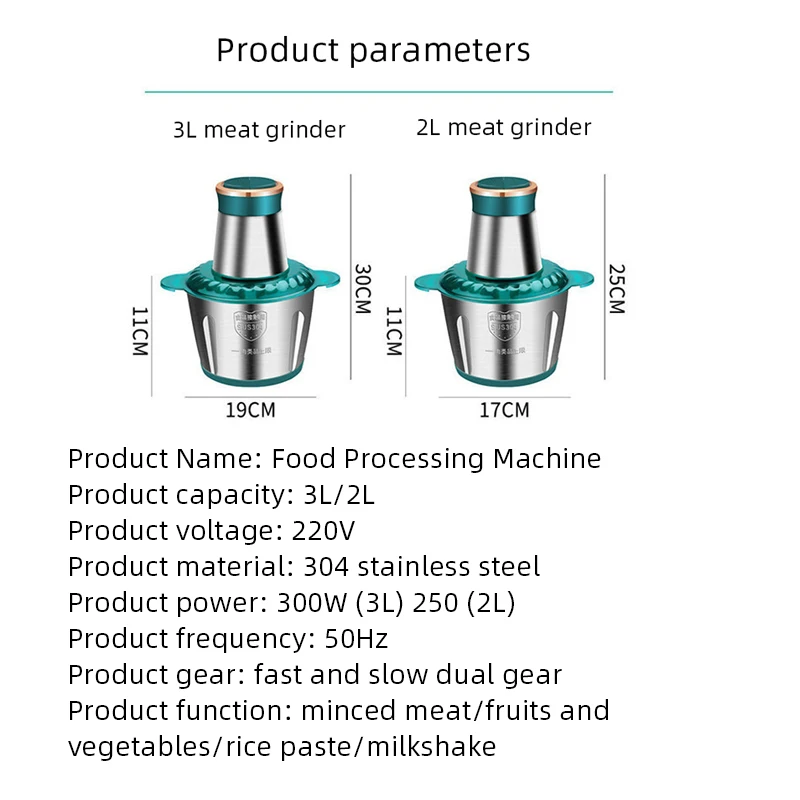 3L Electric Meat Grinder Food Processor Chopper Stainless Steel Kitchen light Machine Chopper Slicer Machine Home Grinder