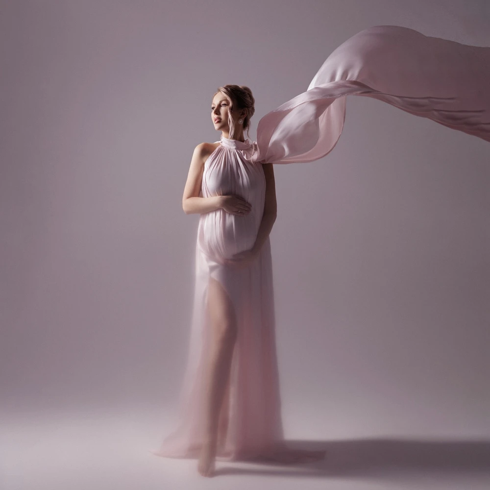 Elegant Pink Maternity Dress For Photo Shoot Cape Sleeve Shiny Pregnancy Gown Luxury Pregnant Women Photography Clothing