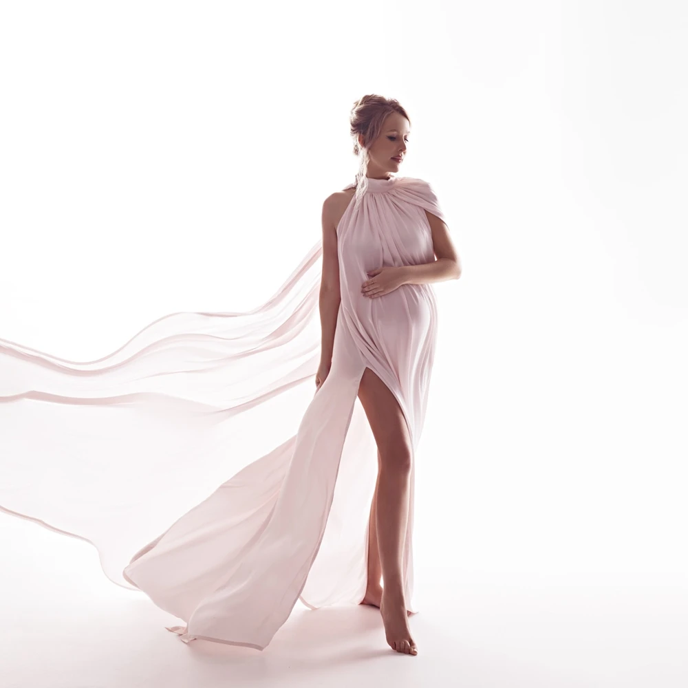 Elegant Pink Maternity Dress For Photo Shoot Cape Sleeve Shiny Pregnancy Gown Luxury Pregnant Women Photography Clothing