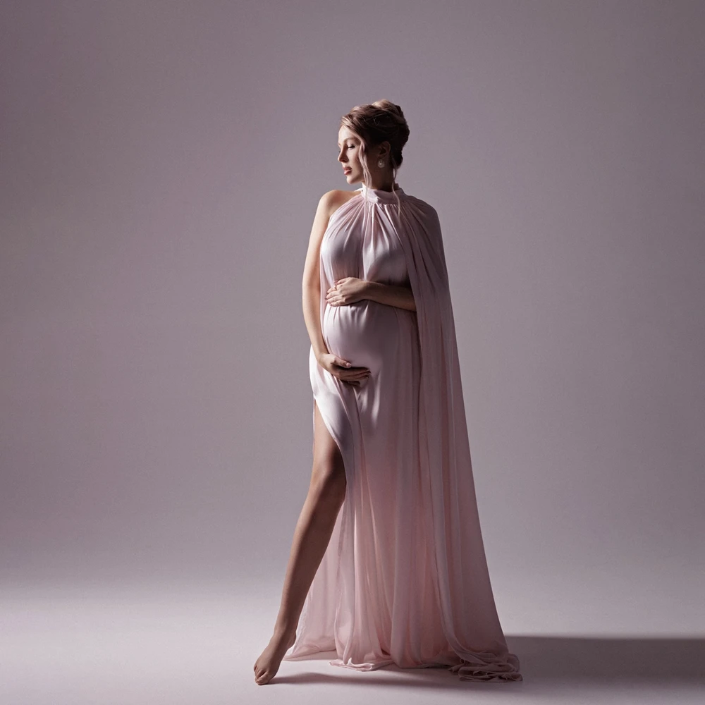 Elegant Pink Maternity Dress For Photo Shoot Cape Sleeve Shiny Pregnancy Gown Luxury Pregnant Women Photography Clothing