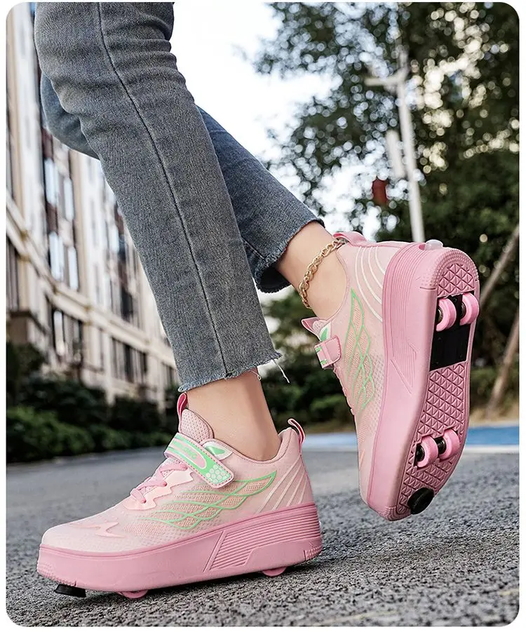 Unisex 4 Wheels Roller Skate Shoes Breathable Mesh Adjustable Strap Non-slip 2-in-1 Walking Skating Sneakers for Outdoor