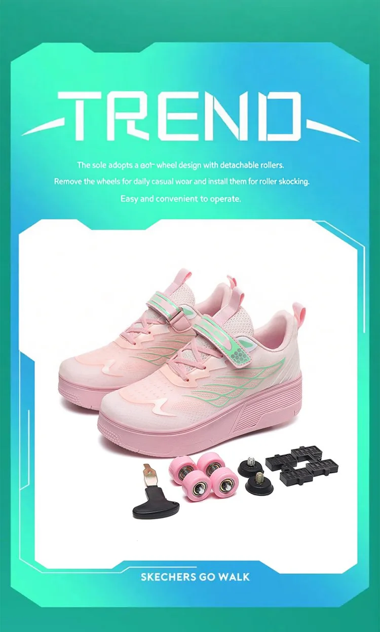 Unisex 4 Wheels Roller Skate Shoes Breathable Mesh Adjustable Strap Non-slip 2-in-1 Walking Skating Sneakers for Outdoor
