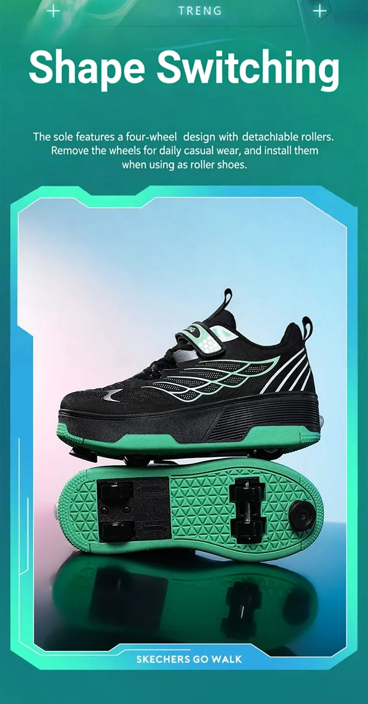 Unisex 4 Wheels Roller Skate Shoes Breathable Mesh Adjustable Strap Non-slip 2-in-1 Walking Skating Sneakers for Outdoor