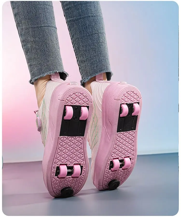 Unisex 4 Wheels Roller Skate Shoes Breathable Mesh Adjustable Strap Non-slip 2-in-1 Walking Skating Sneakers for Outdoor