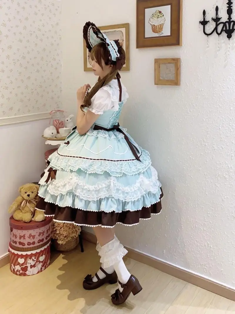 Sweet Lolita Jsk Dress Mint Chocolate Multi-Layer Lace Ruffle Bow Princess Dress Japanese Harajuku Party Cosplay Outfit Women