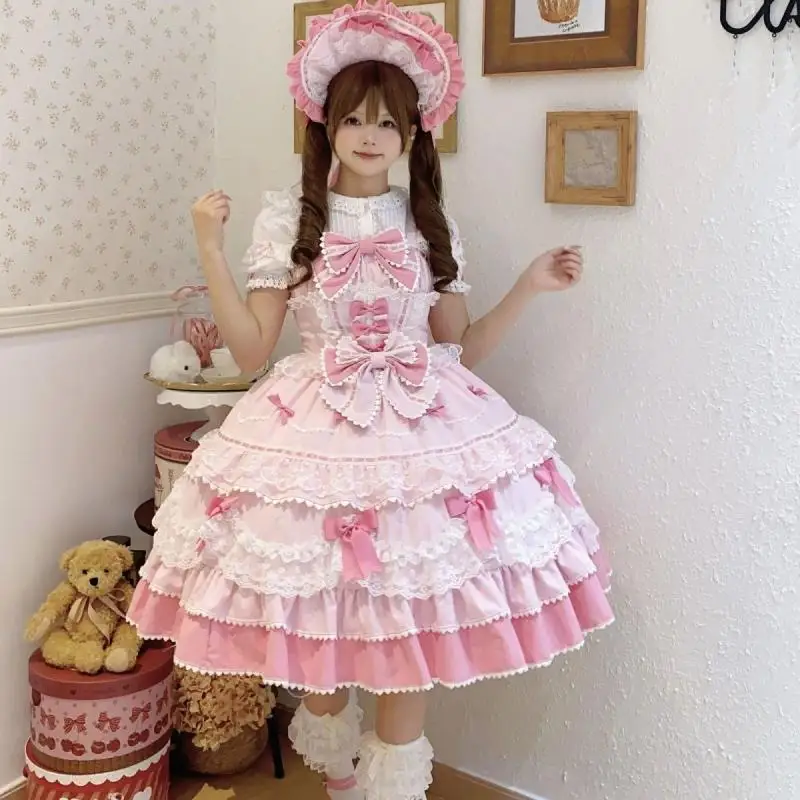 Sweet Lolita Jsk Dress Mint Chocolate Multi-Layer Lace Ruffle Bow Princess Dress Japanese Harajuku Party Cosplay Outfit Women