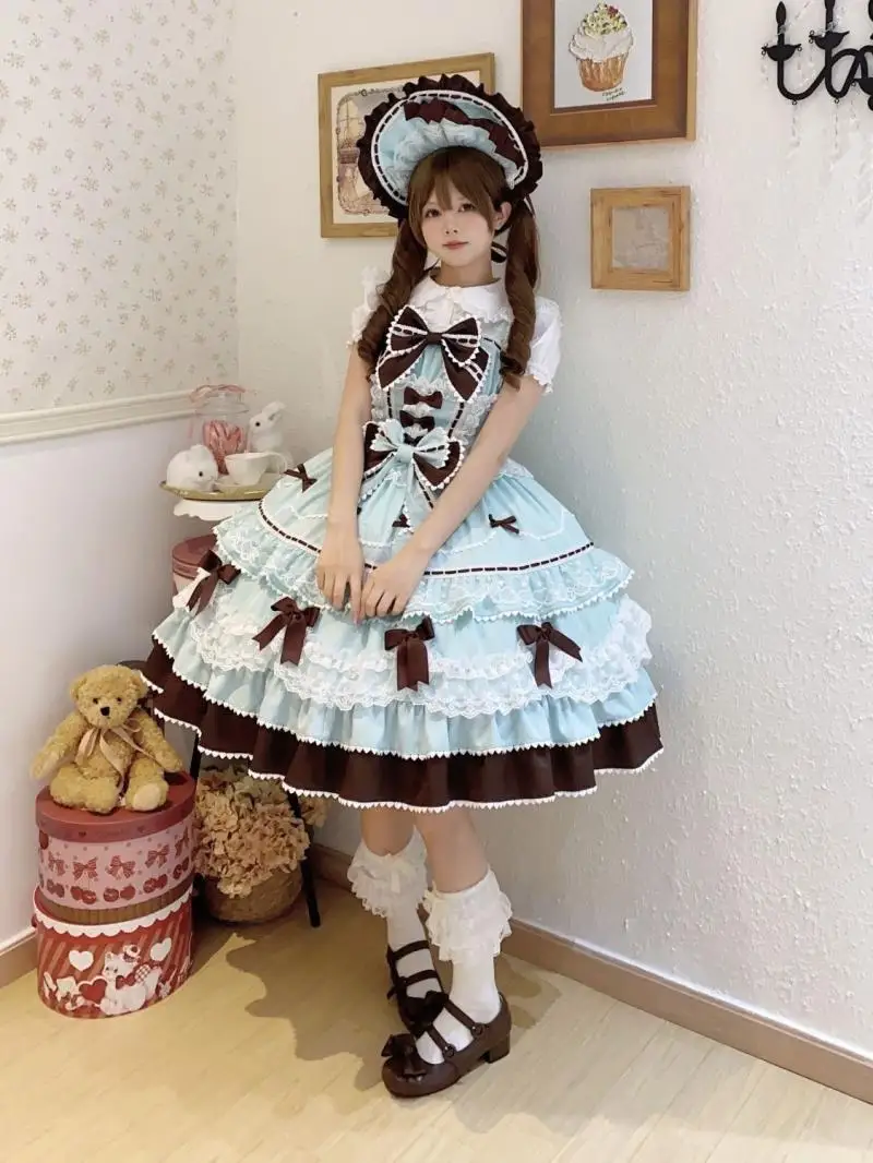 Sweet Lolita Jsk Dress Mint Chocolate Multi-Layer Lace Ruffle Bow Princess Dress Japanese Harajuku Party Cosplay Outfit Women