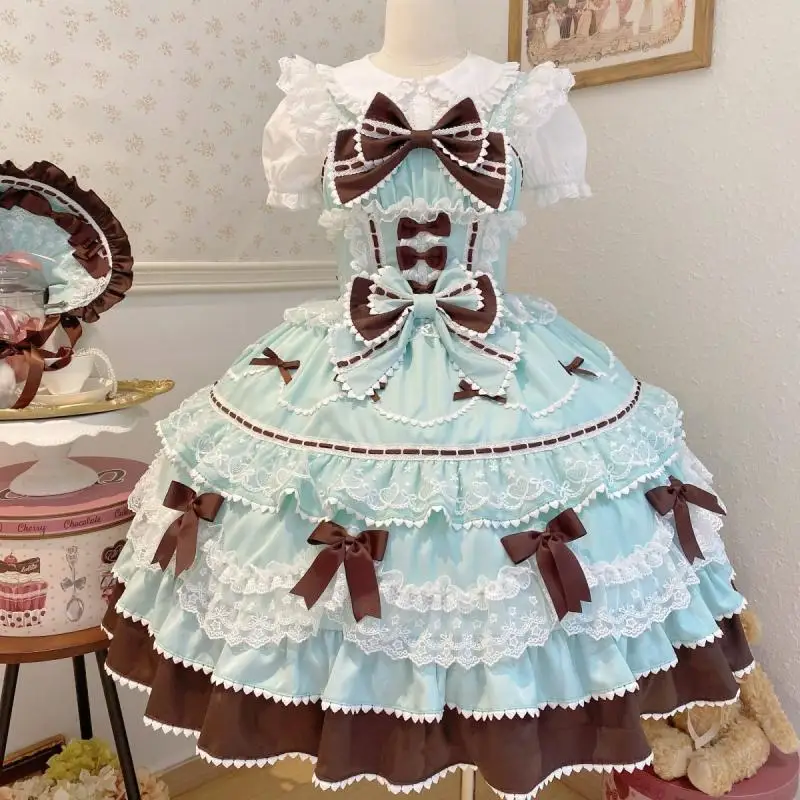 Sweet Lolita Jsk Dress Mint Chocolate Multi-Layer Lace Ruffle Bow Princess Dress Japanese Harajuku Party Cosplay Outfit Women