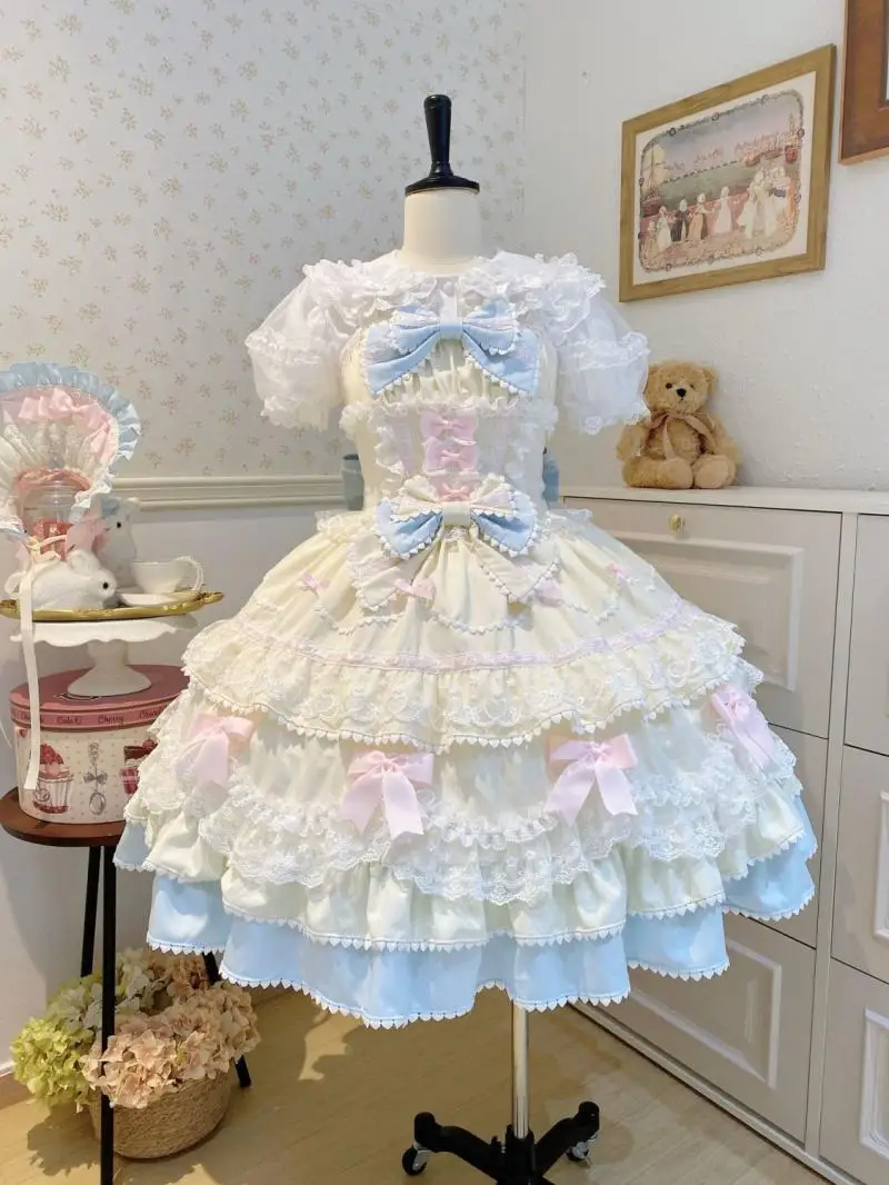 Sweet Lolita Jsk Dress Mint Chocolate Multi-Layer Lace Ruffle Bow Princess Dress Japanese Harajuku Party Cosplay Outfit Women