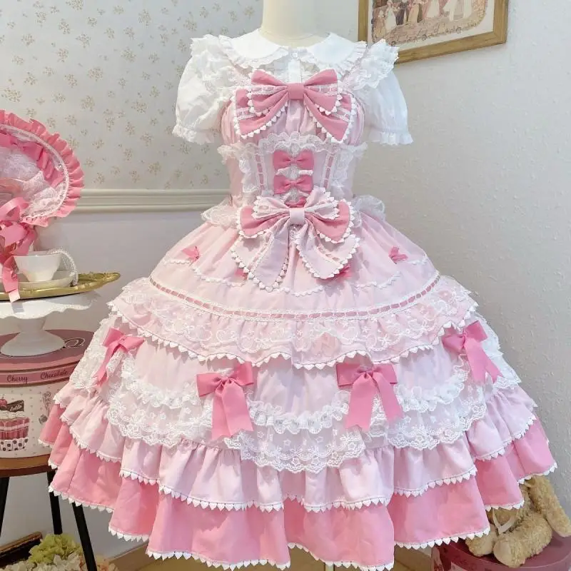 Sweet Lolita Jsk Dress Mint Chocolate Multi-Layer Lace Ruffle Bow Princess Dress Japanese Harajuku Party Cosplay Outfit Women