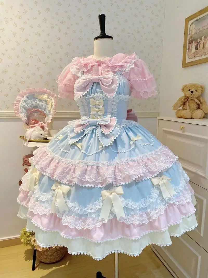 Sweet Lolita Jsk Dress Mint Chocolate Multi-Layer Lace Ruffle Bow Princess Dress Japanese Harajuku Party Cosplay Outfit Women