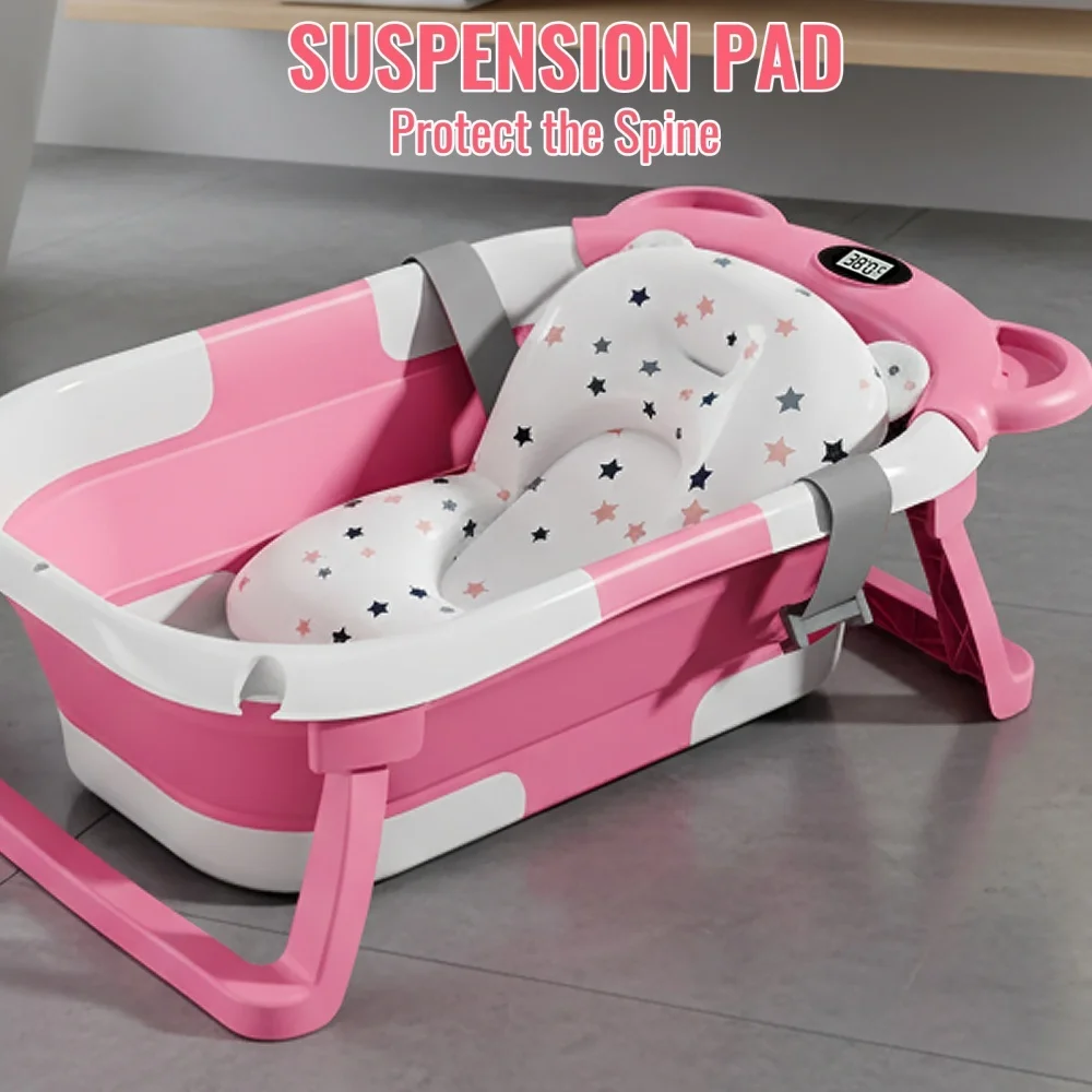 Foldable Baby Bathtub with Built-In Thermometer Soft Bath Mat Infant Bath Tub for Newborn Toddler Baby Bathing
