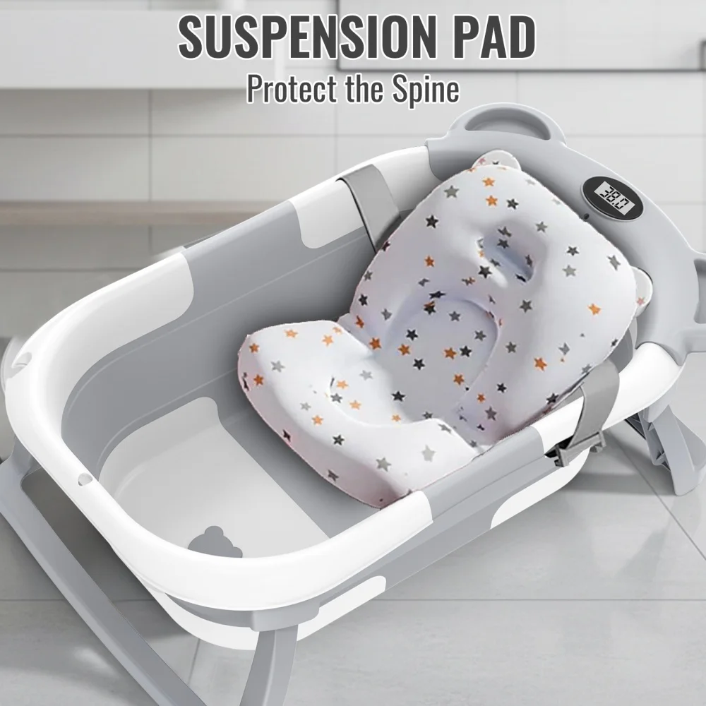 Foldable Baby Bathtub with Built-In Thermometer Soft Bath Mat Infant Bath Tub for Newborn Toddler Baby Bathing