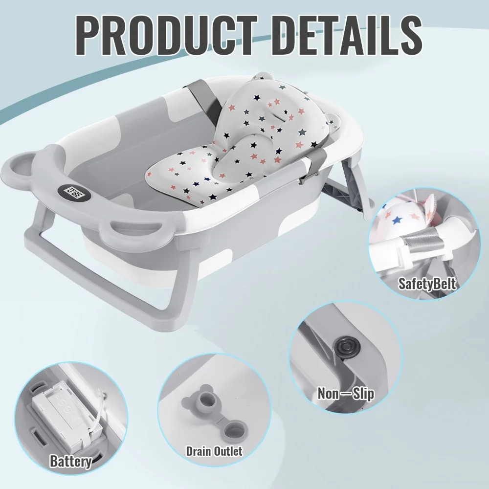 Foldable Baby Bathtub with Built-In Thermometer Soft Bath Mat Infant Bath Tub for Newborn Toddler Baby Bathing