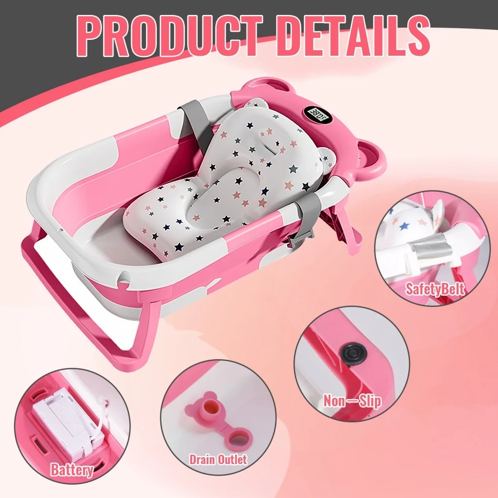 Foldable Baby Bathtub with Built-In Thermometer Soft Bath Mat Infant Bath Tub for Newborn Toddler Baby Bathing